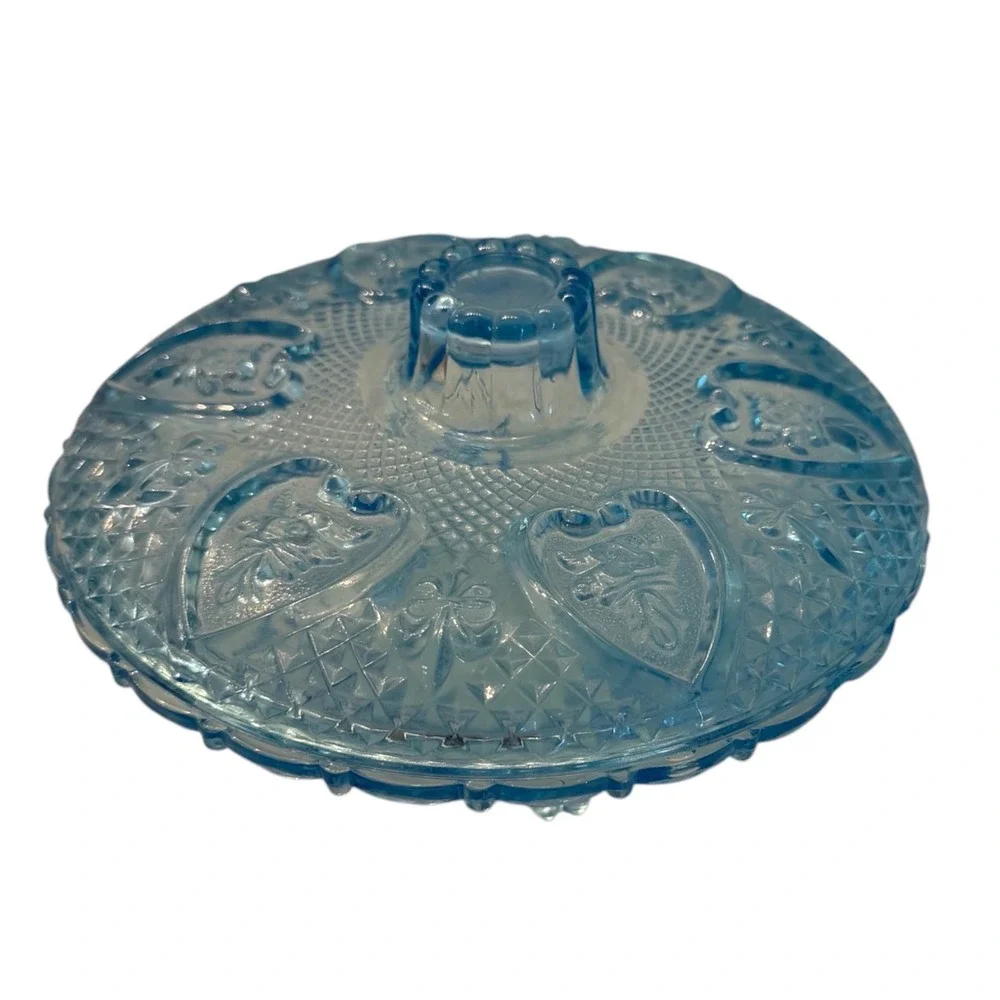 Vintage KIG Ice Blue Pressed Glass Candy Dish Heart & Rose Hearts and Flowers